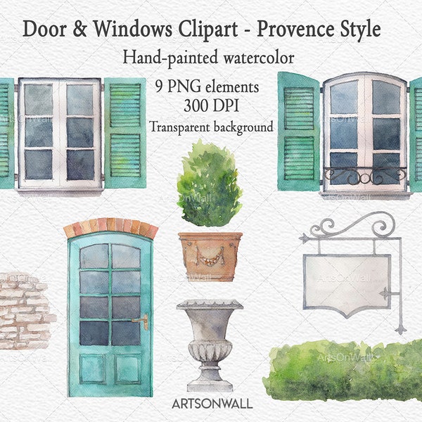 Deur Windows Clipart, Handgeschilderde aquarel, Provence stijl, transparante achtergrond, struiken, urn, terracotta pot, Instant Download, PNG