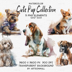 Niedliche Welpe Aquarell Clipart, druckbare Kunst, Welpe Bilder, Hunde Illustration, Corgis Liebhaber, auf transparentem Hintergrund, Sofort Download, PNG