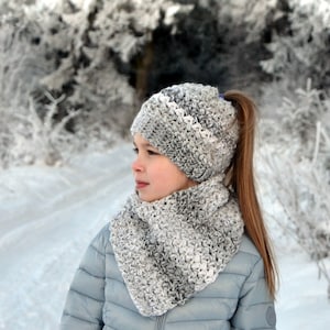 POLAR STAR SET messy bun/ponytail hat and shawl/cowl crochet pattern in toddler, child, teen and adult woman size