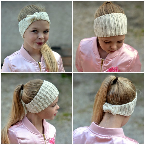 Bow earwarmer crochet pattern for baby, toddler, child, teen, adult woman