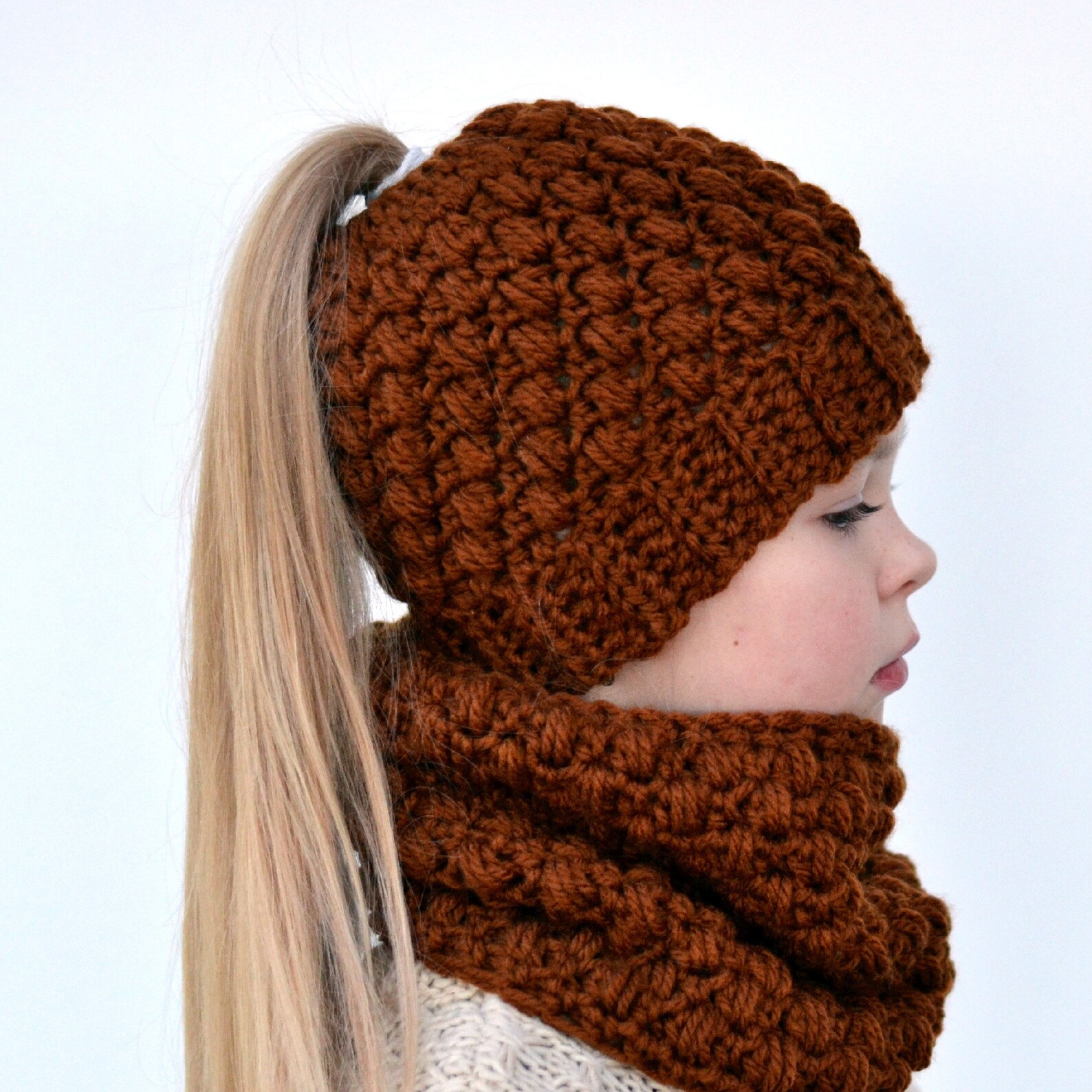 Ponytail Hat and Cowl Crochet Pattern for Toddler, Child, Teen, Adult