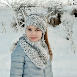 POLAR STAR SET messy bun/ponytail hat and shawl/cowl crochet pattern in toddler, child, teen and adult woman size