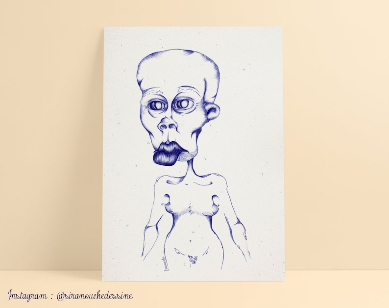 Print A5 Contemplation illustration creepy ink darkism drawing surreal decoration home