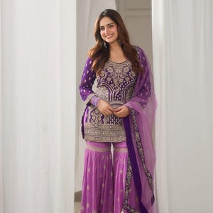 Pakistani Designer Chinnon silk fully embroidered Sequence Work Readymade Palazzo Stitched Wedding Wear Palazzo