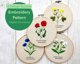 Wildflower Embroidery Patterns, 4 PDF Embroidery Patterns, Floral Hand Embroidery, Beginner Flower Embroidery, Wildflower Stitching Designs