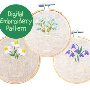 Mini Wildflower Vases Embroidery Pattern, Wildflower Embroidery Pattern, Floral Hand Embroidery PDF, Beginners Modern Embroidery,