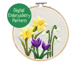 Daffodil Embroidery, Flower Embroidery Pattern, Floral Hand Embroidery, Beginners Stitching PDF Guide, Wildflower Embroidery Design