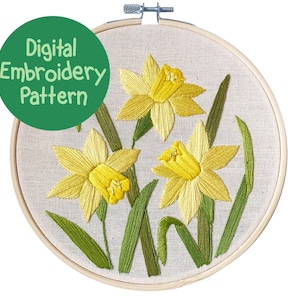 Daffodil Embroidery Pattern, Daffodils Embroidery Design, Flower Embroidery Pattern, Floral Hand Embroidery PDF, Spring Beginners Embroidery