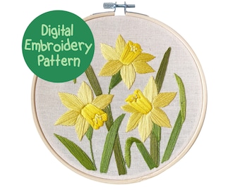 Daffodil Embroidery Pattern, Daffodils Embroidery Design, Flower Embroidery Pattern, Floral Hand Embroidery PDF, Spring Beginners Embroidery