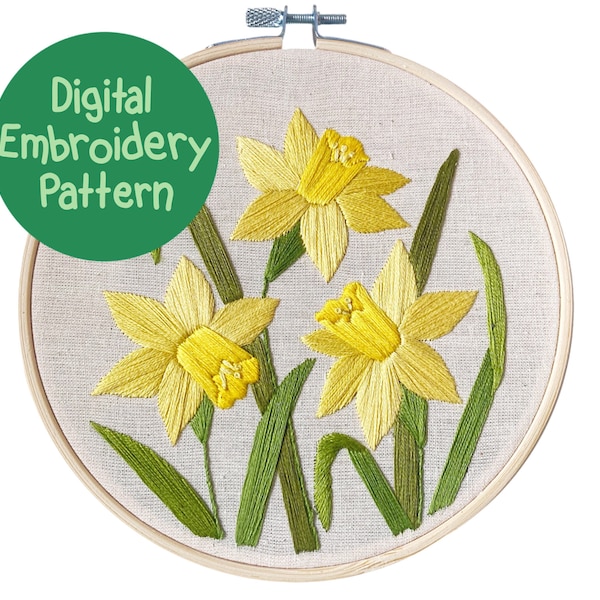 Daffodil Embroidery Pattern, Daffodils Embroidery Design, Flower Embroidery Pattern, Floral Hand Embroidery PDF, Spring Beginners Embroidery