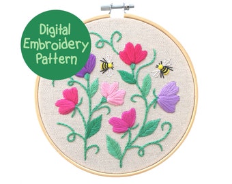 スイートピーの花柄刺繍デザイン、花柄刺繍パターン、初心者向け刺繍