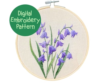 Patrón de bordado de campanillas azules, patrón de bordado floral a mano, bordado para principiantes, guía de bordado de flores, diseño de bordado floral en PDF