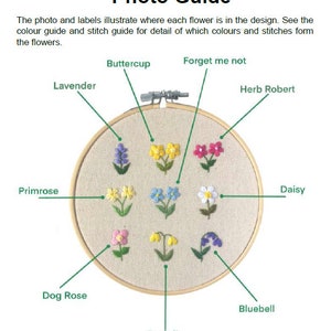 Op de afbeelding: Een borduurring met beige stof toont geborduurde bloemen, waaronder Lavendel, Boterbloem, Vergeet-mij-nietje, Robertskruid, Primula, Madeliefje, Hondsroos, Klokjesbloem en Sleutelbloem. De tekst "Photo Guide" staat bovenaan.