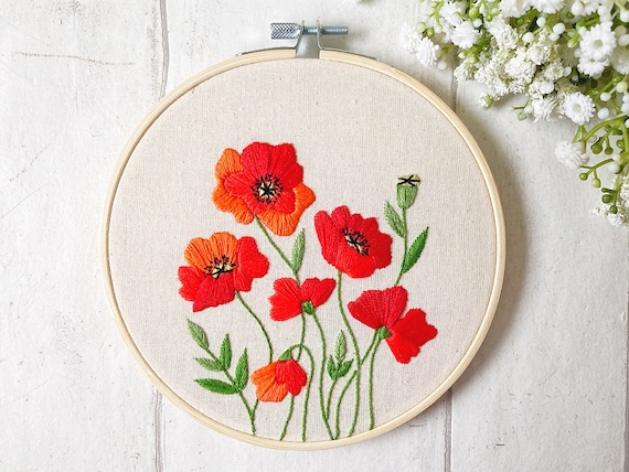 ポピーの野花刺繍パターン、花の刺繍パターン、花柄の手刺繍、初心者