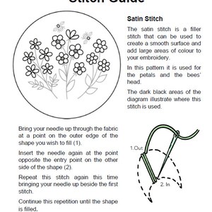 May include: A stitch guide illustration with the title "Stitch Guide". The guide shows a floral embroidery design with bees and instructions for the satin stitch, including diagrams and text.