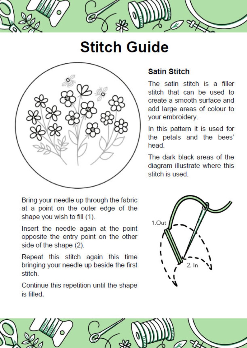 May include: A stitch guide illustration with the title "Stitch Guide". The guide shows a floral embroidery design with bees and instructions for the satin stitch, including diagrams and text.