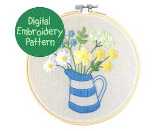 Flower Embroidery Pattern, Wildflower Hand Embroidery, Beginners Embroidery, Floral Stitching Pattern PDF, Flower Jug Embroidery Design