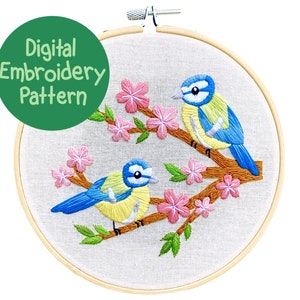 Bluetits in the Blossom Embroidery Pattern, Floral Embroidery Patterns, Flowers and Birds Hand Embroidery Pattern PDF, Beginners Embroidery
