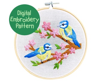 Bluetits in the Blossom Embroidery Pattern, Floral Embroidery Patterns, Flowers and Birds Hand Embroidery Pattern PDF, Beginners Embroidery