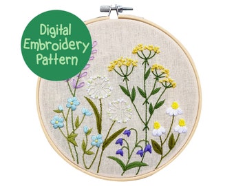 Motif de broderie de fleurs sauvages, motif de broderie de fleurs, motif floral de broderie à la main, broderie PDF pour débutants, couture de fleurs sauvages
