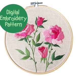 バラの刺繍パターン、花の手刺繍パターン、初心者向け刺繍の説明、花のステッチパターン、刺繍 PDF デザイン
