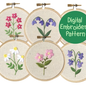 Padrão de bordado de flores, padrão de bordado de flores silvestres, pdf de bordado floral à mão, bordado DIY para iniciantes, design de costura floral