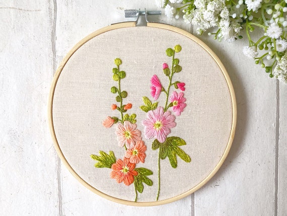花柄刺繍 木製パーテーション ホリホック刺繍パターン、花柄手刺繍パターン、初心者向け刺繍パターン