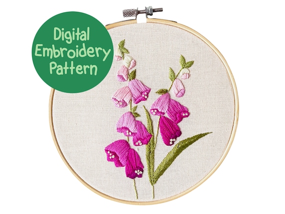 ジギタリスの刺繍パターン、野花の手刺繍、初心者向け刺繍、花柄