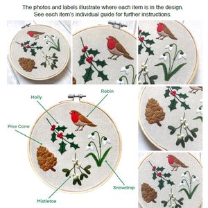 May include: A photo guide for embroidery projects. The image shows several embroidered designs featuring a robin, holly, pine cone, snowdrop, and mistletoe. The designs are in wooden hoops, with labels pointing to each element.