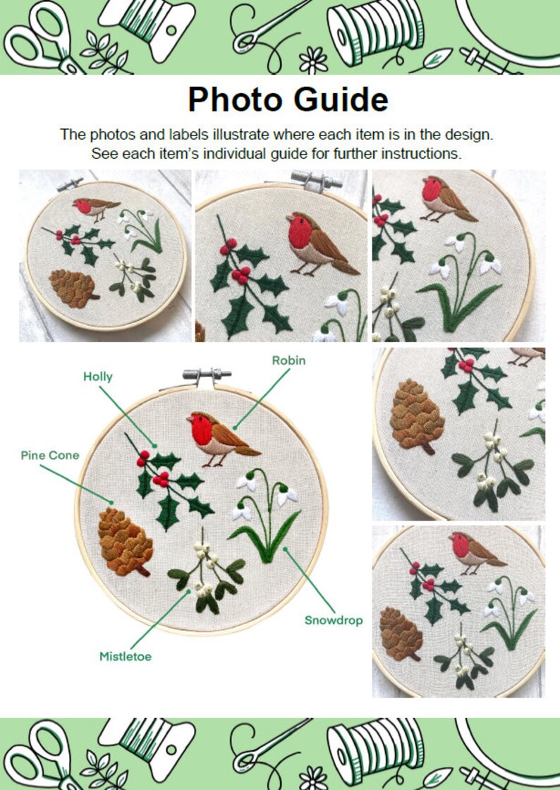 May include: A photo guide for embroidery projects. The image shows several embroidered designs featuring a robin, holly, pine cone, snowdrop, and mistletoe. The designs are in wooden hoops, with labels pointing to each element.
