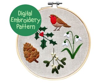 Winter Embroidery Pattern, Christmas Hand Embroidery, Beginners Hand Embroidery PDF, Floral Embroidery Pattern, Winter Embroidery Design