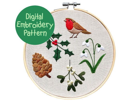 Winter Embroidery Pattern, Christmas Hand Embroidery, Beginners Hand Embroidery PDF, Floral Embroidery Pattern, Winter Embroidery Design