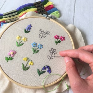 Op de afbeelding: Borduurring met een beige stof met geborduurde kleurrijke bloemen. Een hand is te zien die een bloemmotief naait met een naald en groene draad. Kleurrijk borduurgaren in verschillende kleuren staat op de achtergrond.