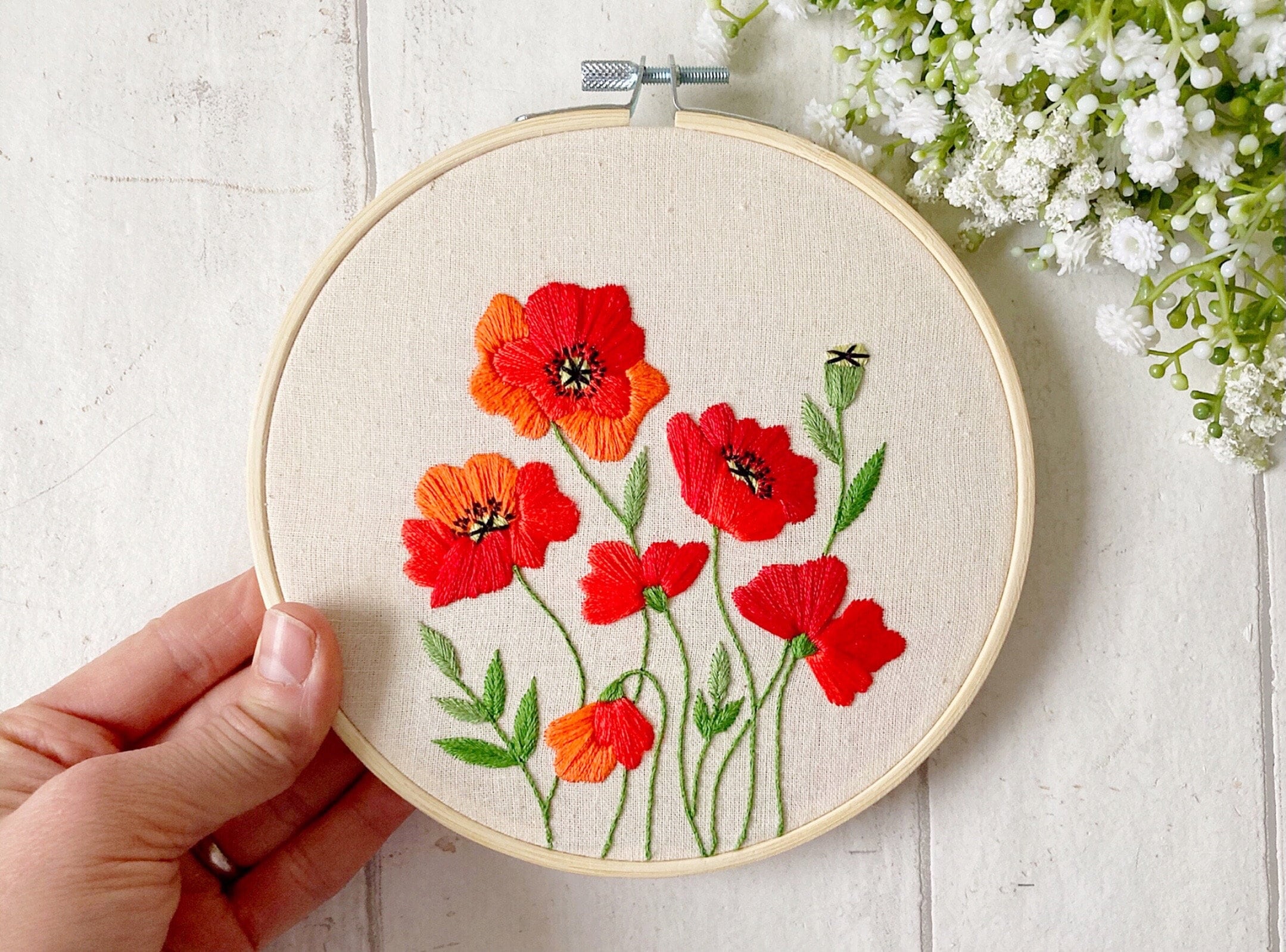 ポピーの野花刺繍パターン、花の刺繍パターン、花柄の手刺繍、初心者