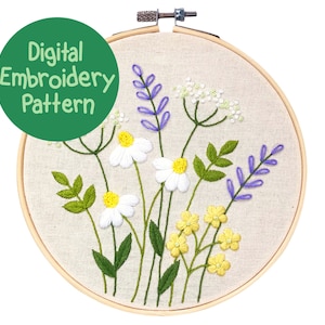 Wildblumen Stickmuster, Lavendel Stickmuster, Anfänger Blumenstickerei, Blumen Handstickerei Design, Blumenstickerei PDF