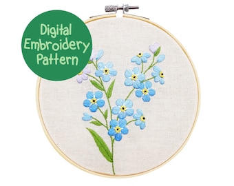 忘れな草の刺繍パターン、野花の手刺繍パターン、初心者向け刺繍、花柄