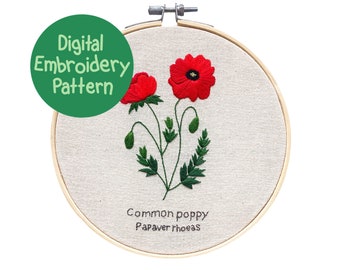 Motif de broderie à la main coquelicot, motif de broderie fleurs sauvages PDF, motif de broderie florale, motif de broderie fleurs, couture pour débutants