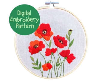 Motif de broderie fleurs sauvages coquelicot, motifs de broderie de fleurs, broderie florale à la main, broderie PDF pour débutants, couture fleurs sauvages