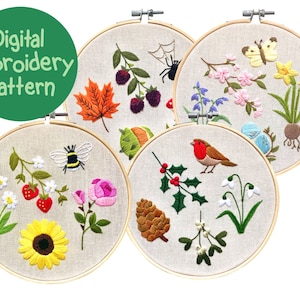 Seasons Embroidery Pattern, 4 PDF Nature Embroidery Patterns, Spring Summer Autumn Winter Embroidery Designs, Beginner Hand Embroidery Guide