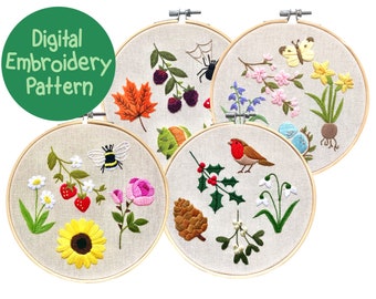 Seasons Embroidery Pattern, 4 PDF Nature Embroidery Patterns, Spring Summer Autumn Winter Embroidery Designs, Beginner Hand Embroidery Guide