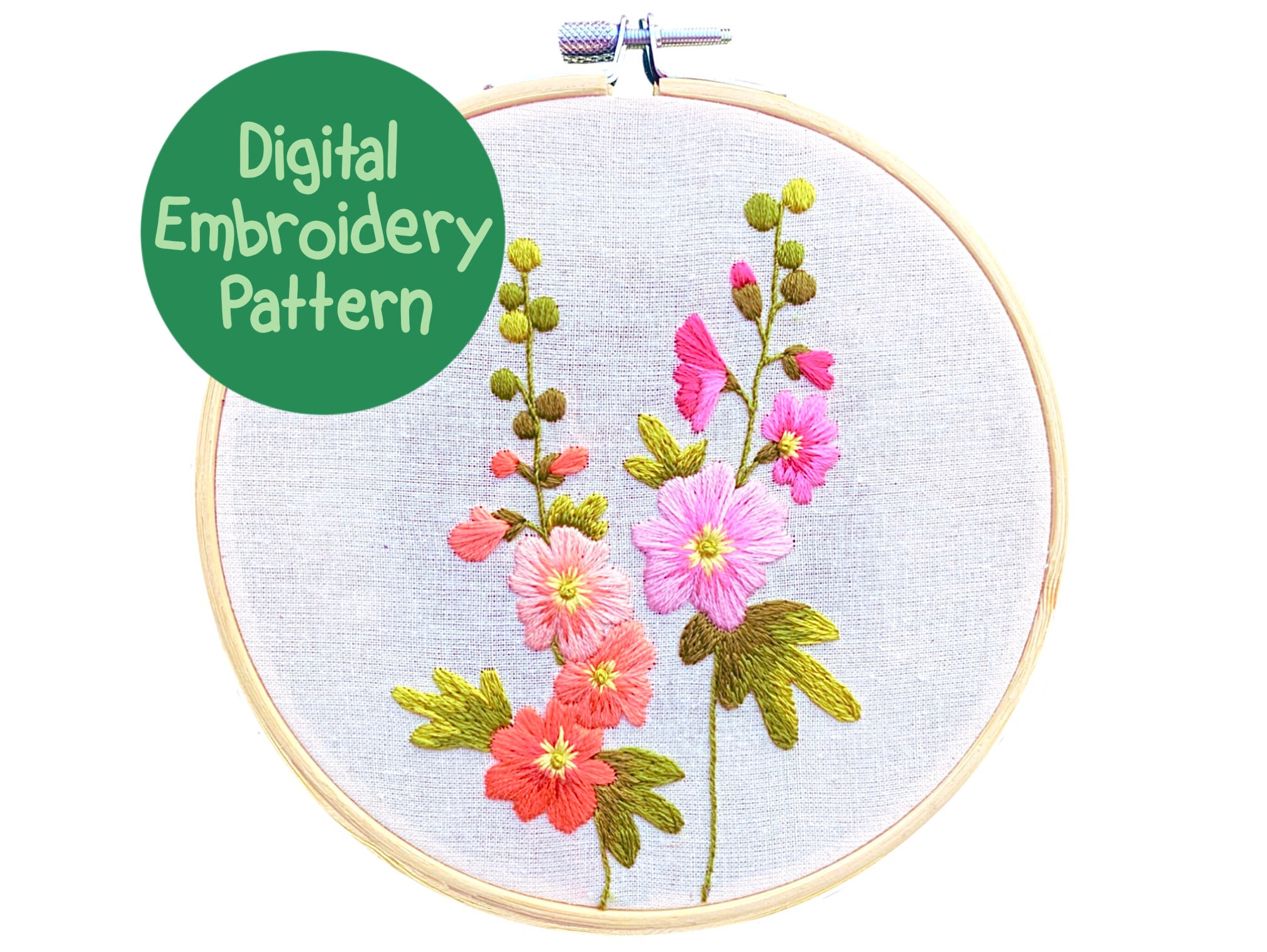 ホリホック刺繍パターン、花柄手刺繍パターン、初心者向け刺繍パターン
