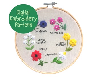 Wildflower Embroidery Pattern, Floral Wreath Embroidery Pattern, Flower Hand Embroidery PDF, Wildflower Stitching Design,