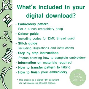 Op de afbeelding: Een afbeelding toont de inhoud van een digitale download voor borduurwerk. De tekst vermeldt: borduurpatroon, kleurengids, steekgids, stapsgewijze instructies en informatie over materialen. Het product is een digitaal PDF-document.