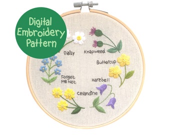 Motif de broderie de fleurs sauvages PDF, motif de broderie de fleurs, motif floral de broderie à la main, motif de couture floral pour débutants