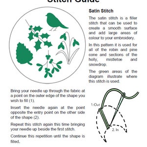 May include: A white and green illustrated "Stitch Guide" with instructions for satin stitch embroidery. The guide includes a diagram of a bird, holly, and snowdrop designs, and step-by-step instructions.