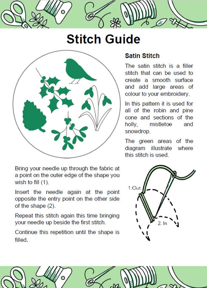May include: A white and green illustrated "Stitch Guide" with instructions for satin stitch embroidery. The guide includes a diagram of a bird, holly, and snowdrop designs, and step-by-step instructions.