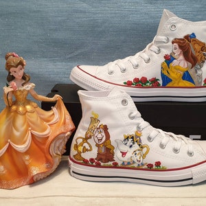 Custom Hand Painted Converse Hi Top Shoes with Beauty and The Beast Art design