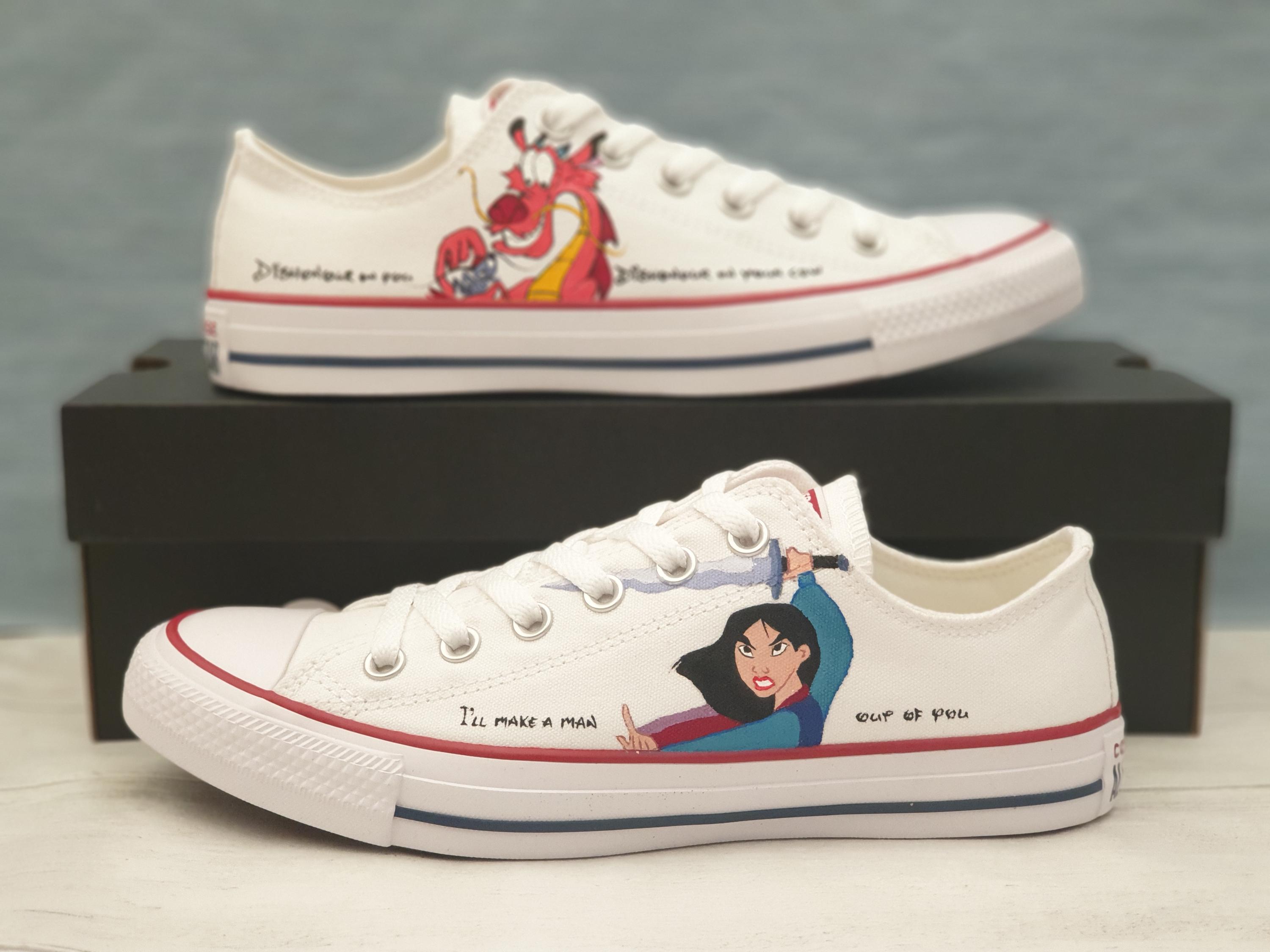 Custom Hand Painted Converse Low Top Shoes With Disney Mulan and Mushu Character Art Graphic Design Etsy