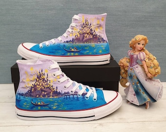 Converse branded Custom Hand Painted Shoes Disney's Tangled Themed High Top Shoes