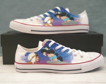 Disney's Aladdin & Jasmine Design on White Low Top Converse Shoes